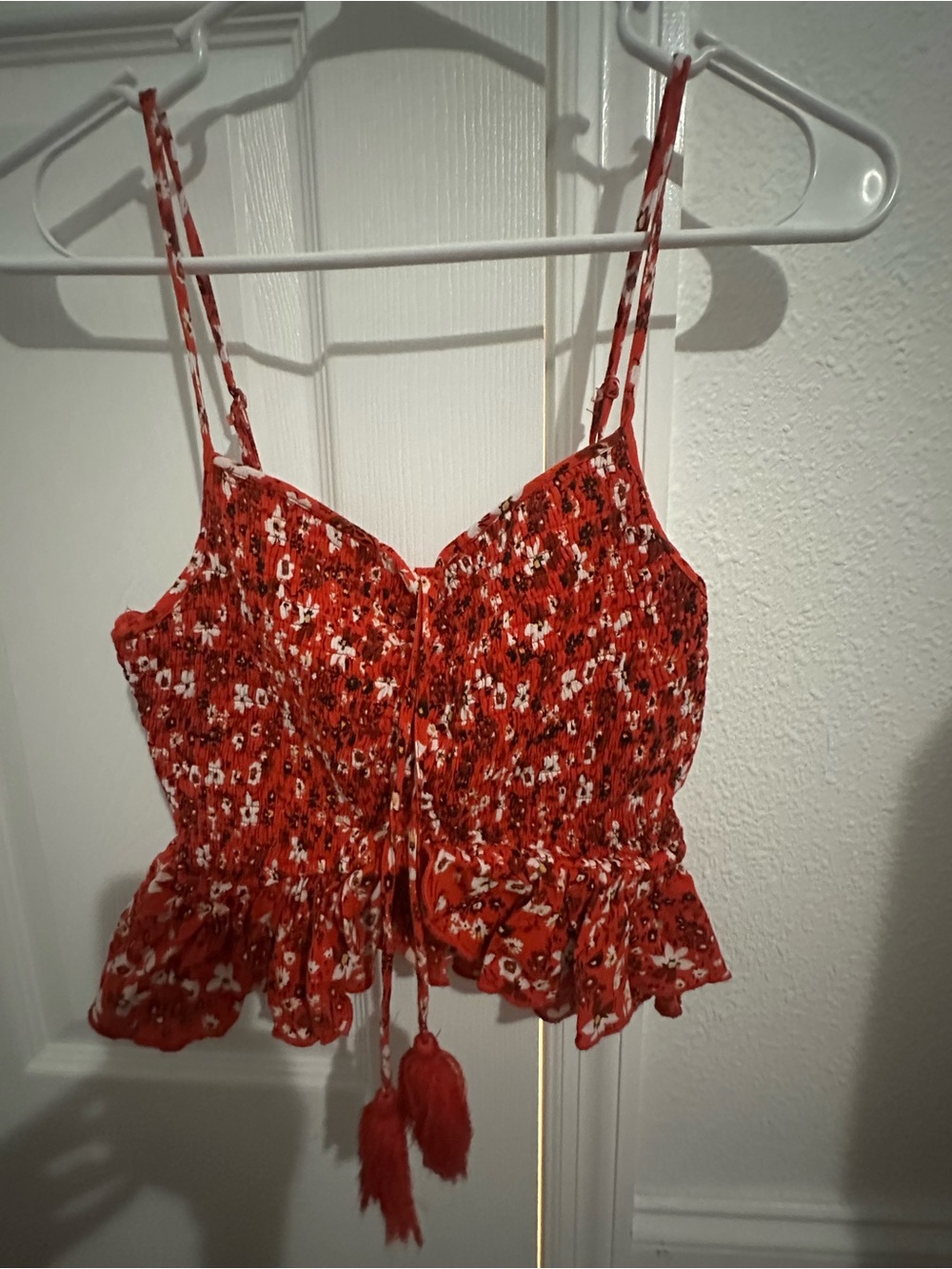Red Floral Smocked Cami Top with Tassel Tie